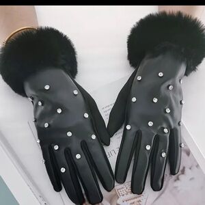 Plush Touchscreen PU Black Gloves with Rhinestone Accents